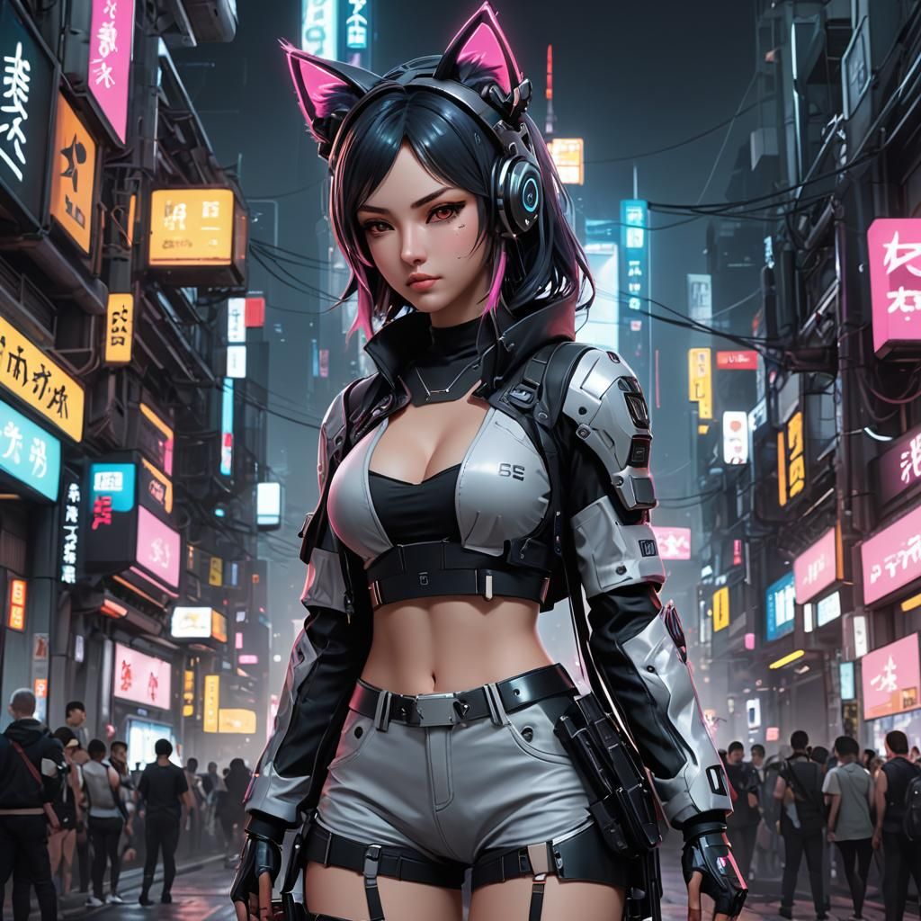 Cyberpunk Girl with Cat Ears in 3D Anime Art