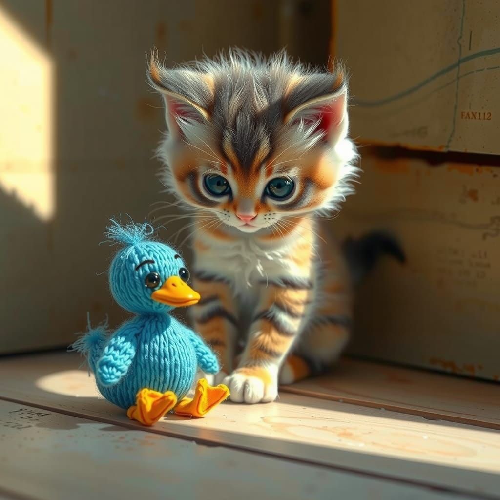 Whimsical Kitten and Knitted Duckling in Sunny Light