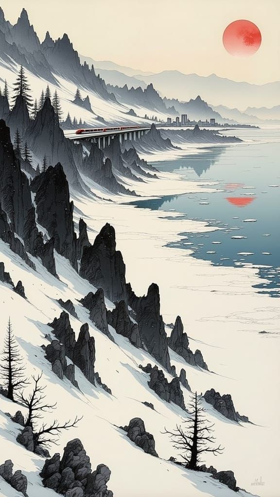 Serene Winter Landscape in Traditional Korean Ink Painting S...