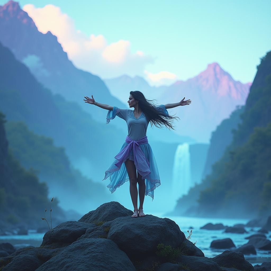 Empowered Woman in Teal and Purple Landscape