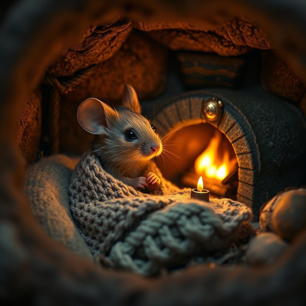 Mouse in Cozy Burrow with Knitted Blanket