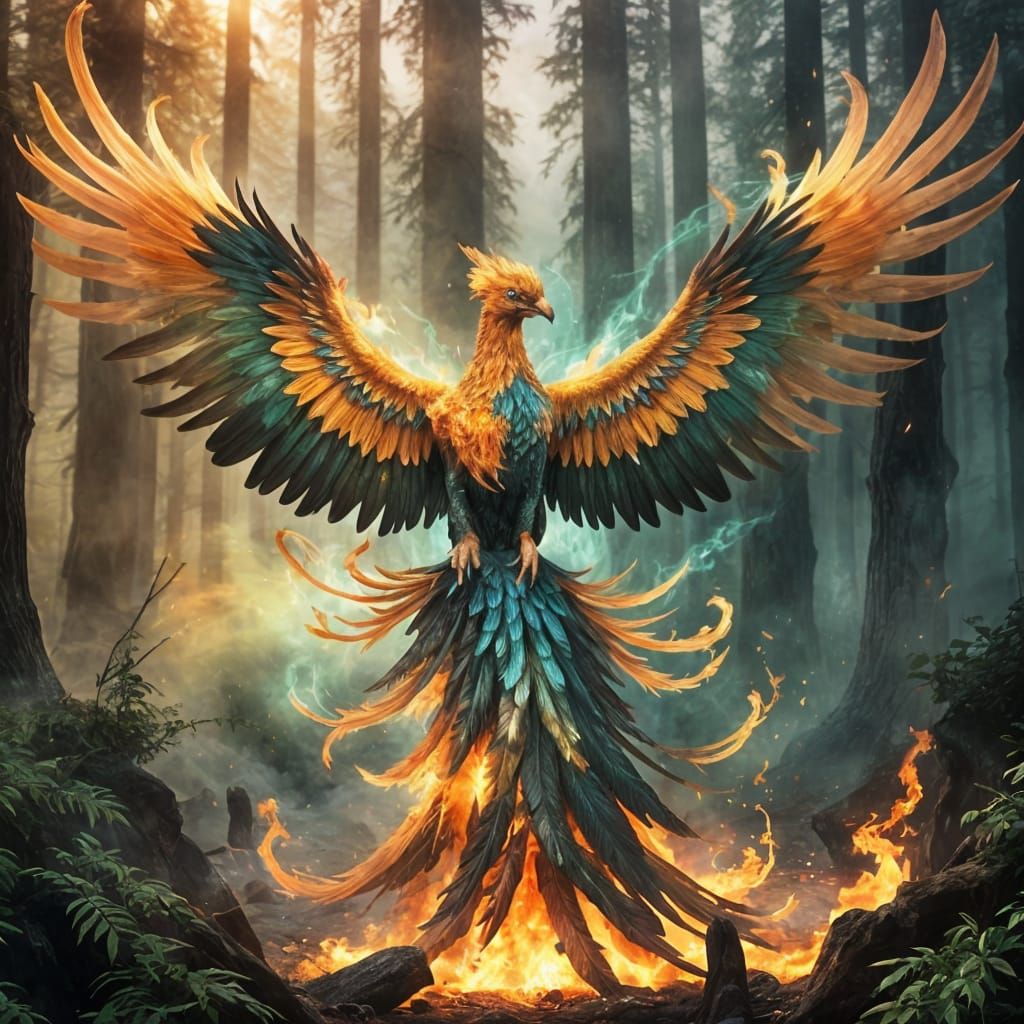 Fiery Phoenix Rises in Ethereal Fantasy Landscape