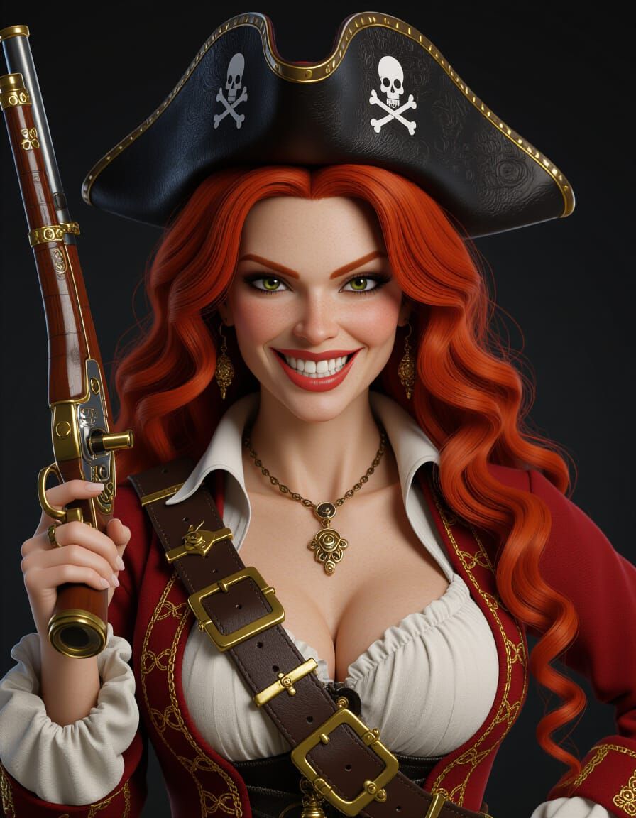 Red-Haired Pirate Captain with Flintlock Pistol