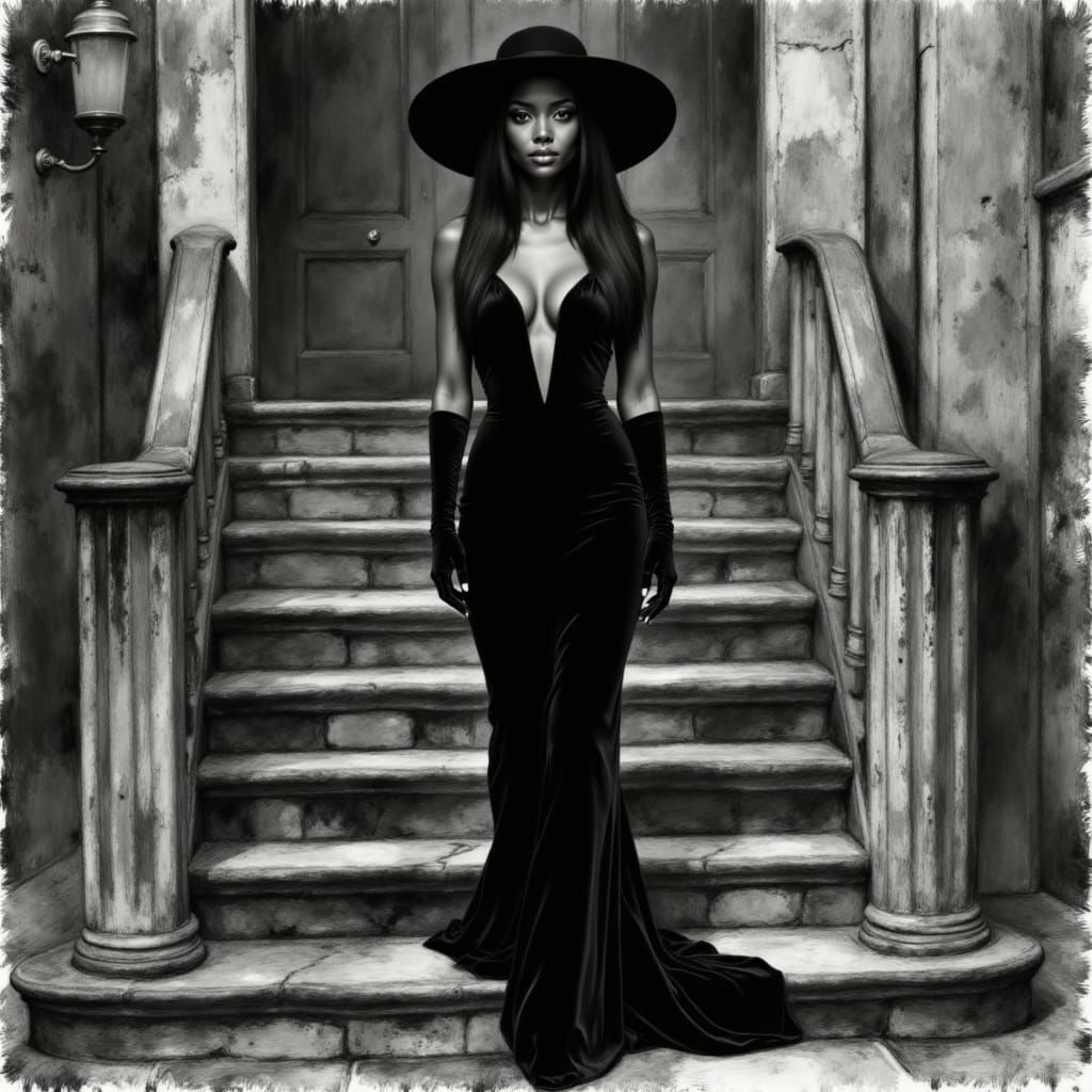 Charcoal Portrait of Elegant Woman in Velvet Dress on Mansio...