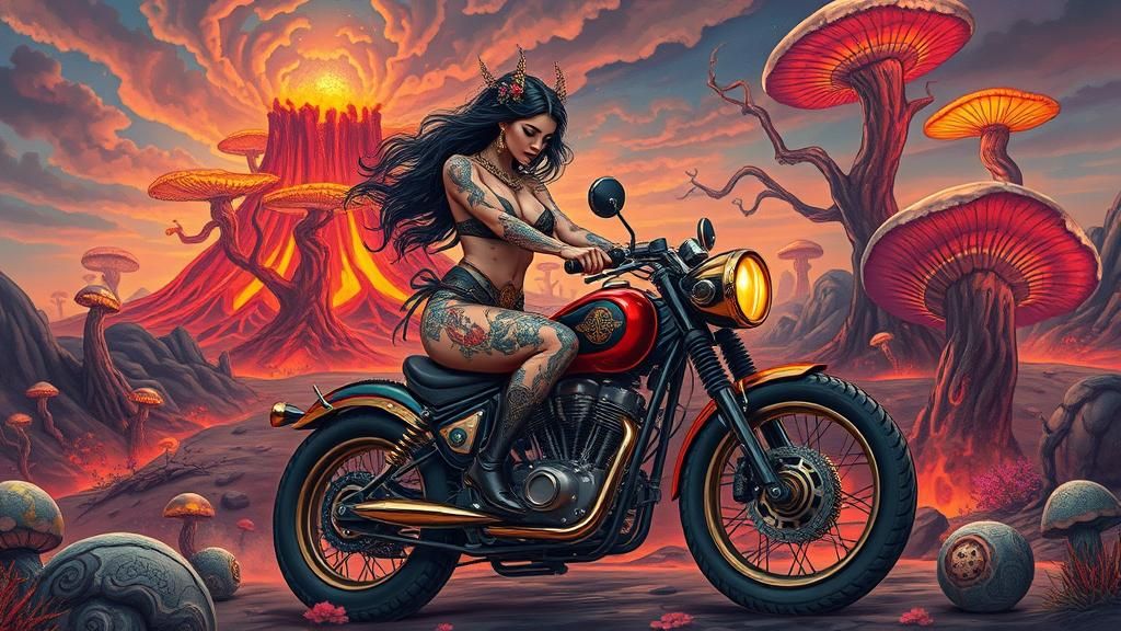 Venus on Biomechanical Bike in Impressionist Landscape