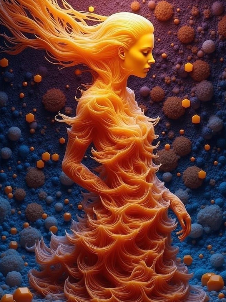 <lora:Hyper surrealismo:1.0>  A mesmerizing female figure emerging from intricate Bénard cell patterns, composed entirel...