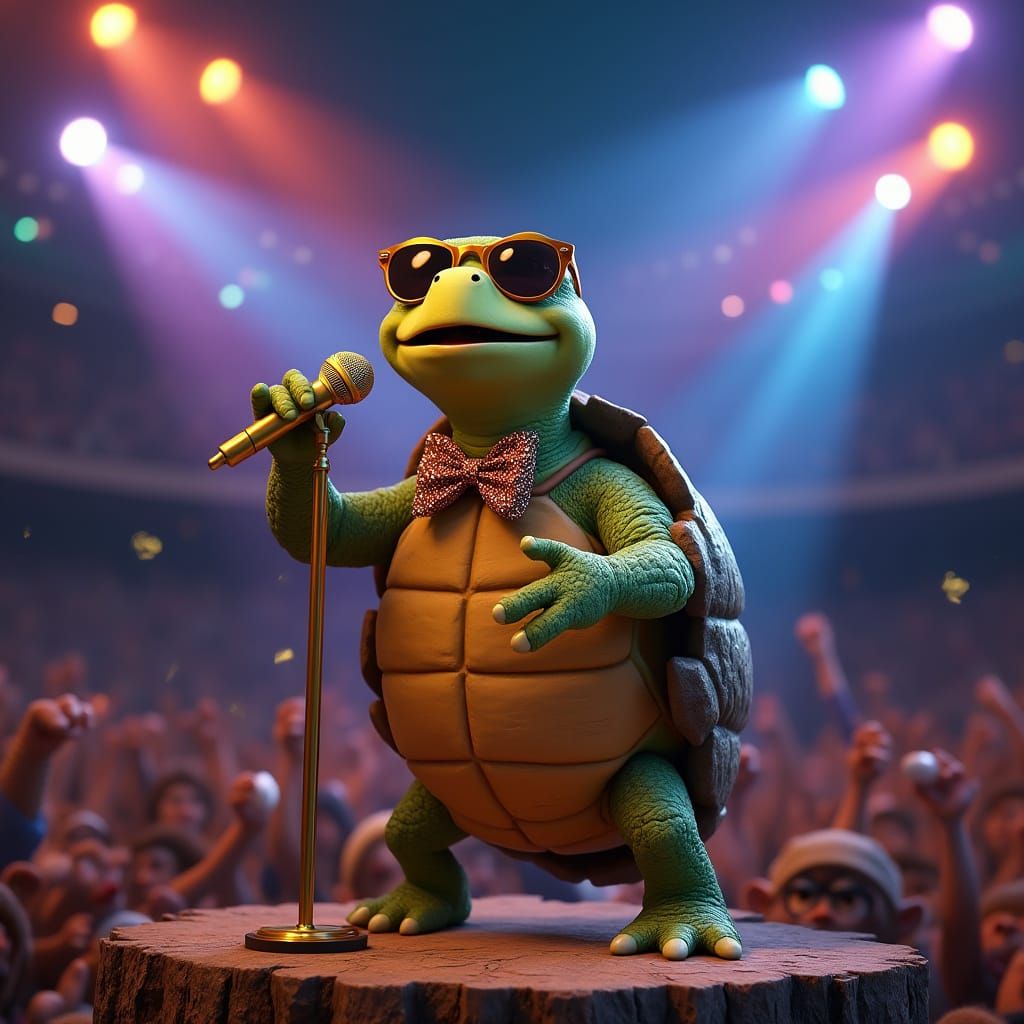 Turtle Sings on Stage in 3D Animation