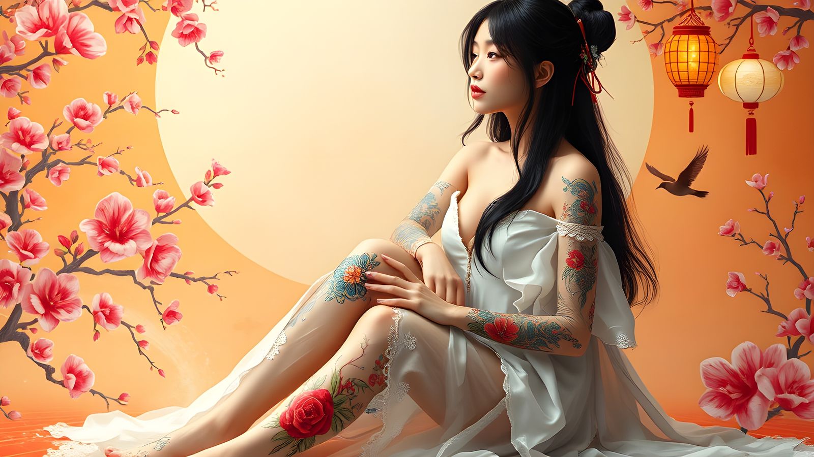 Elegant Woman with Tattoos: Digital Fantasy Painting