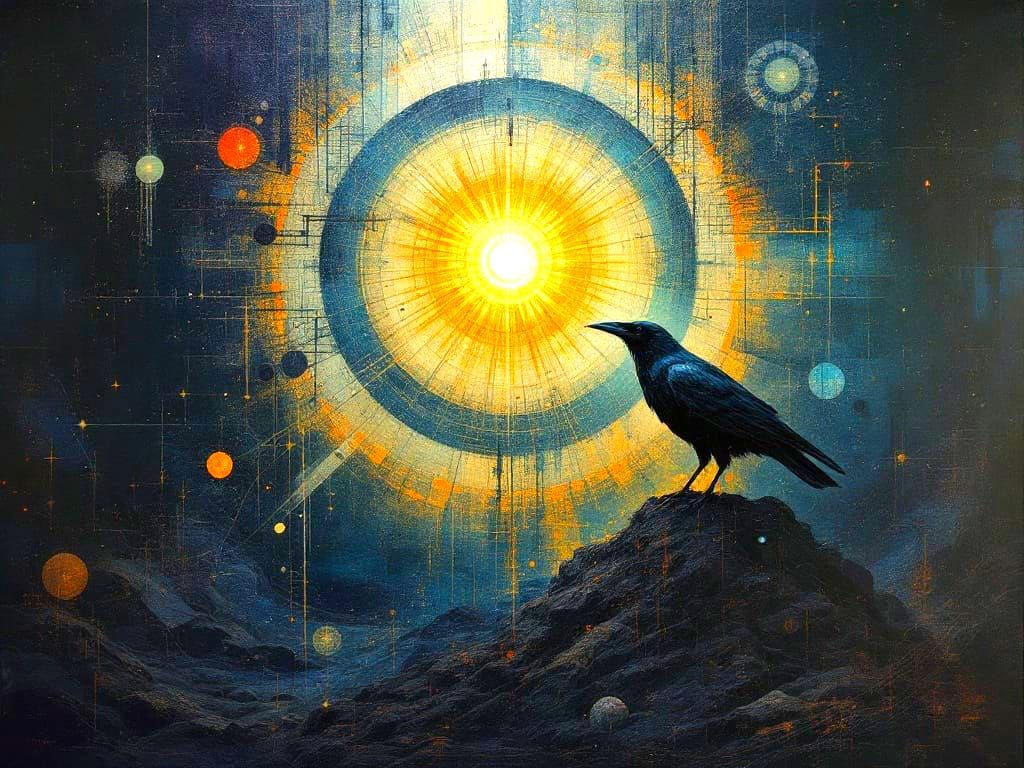 Raven in Art Deco Glitchcore Style