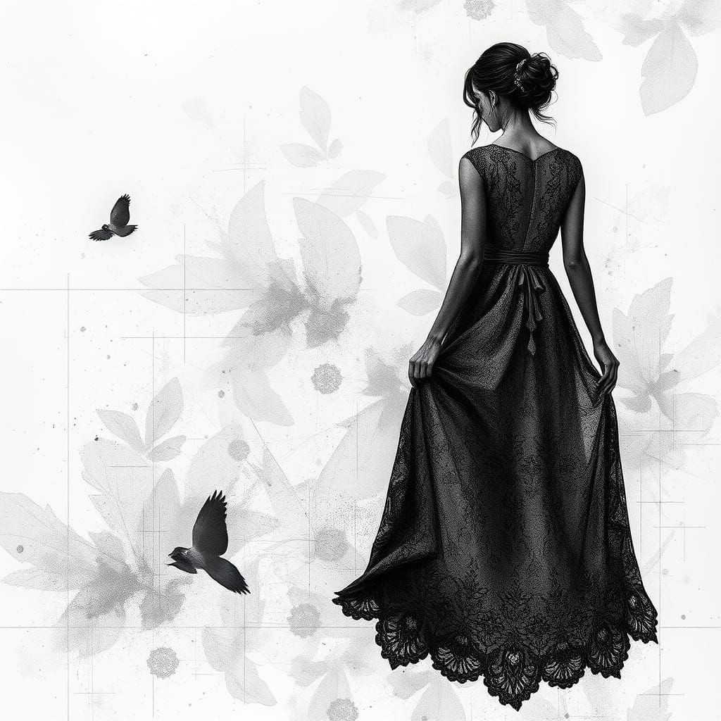 Bright Lace Gritty Charcoal Collage Art