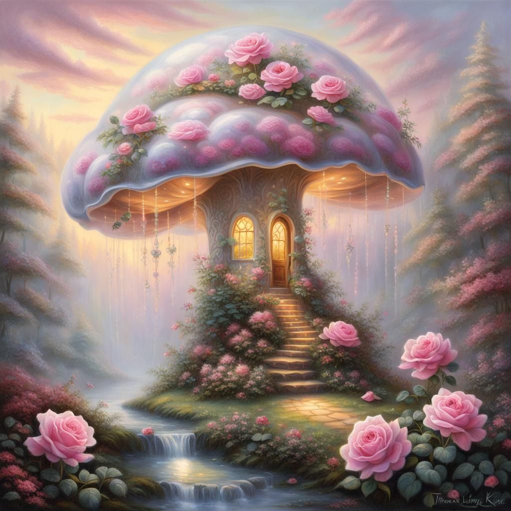 Pink Roses Bloom Inside Clear Mushroom