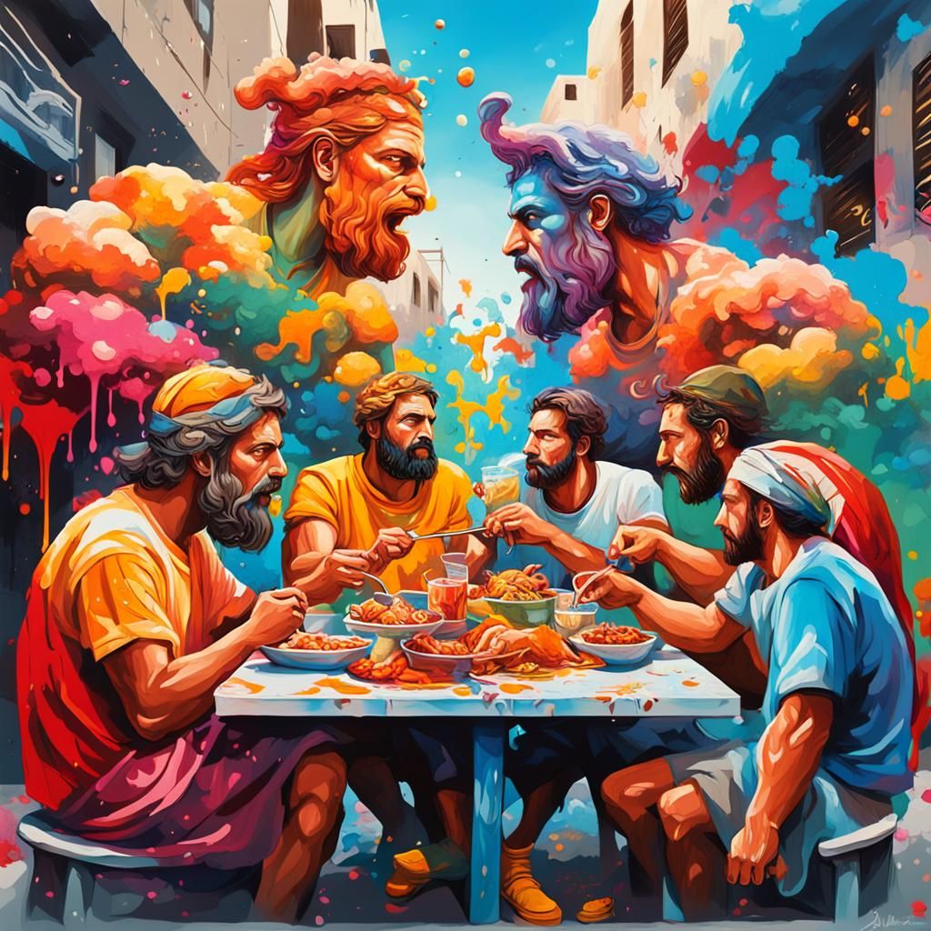 Greek Gods' Dinner in Vibrant Graffiti Art