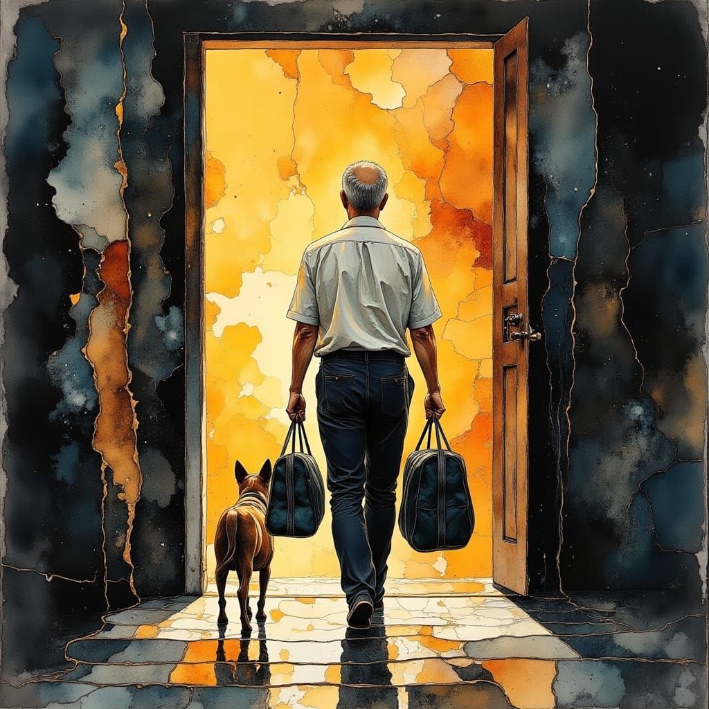 Man Walks into Sunlight with Dog and Bags