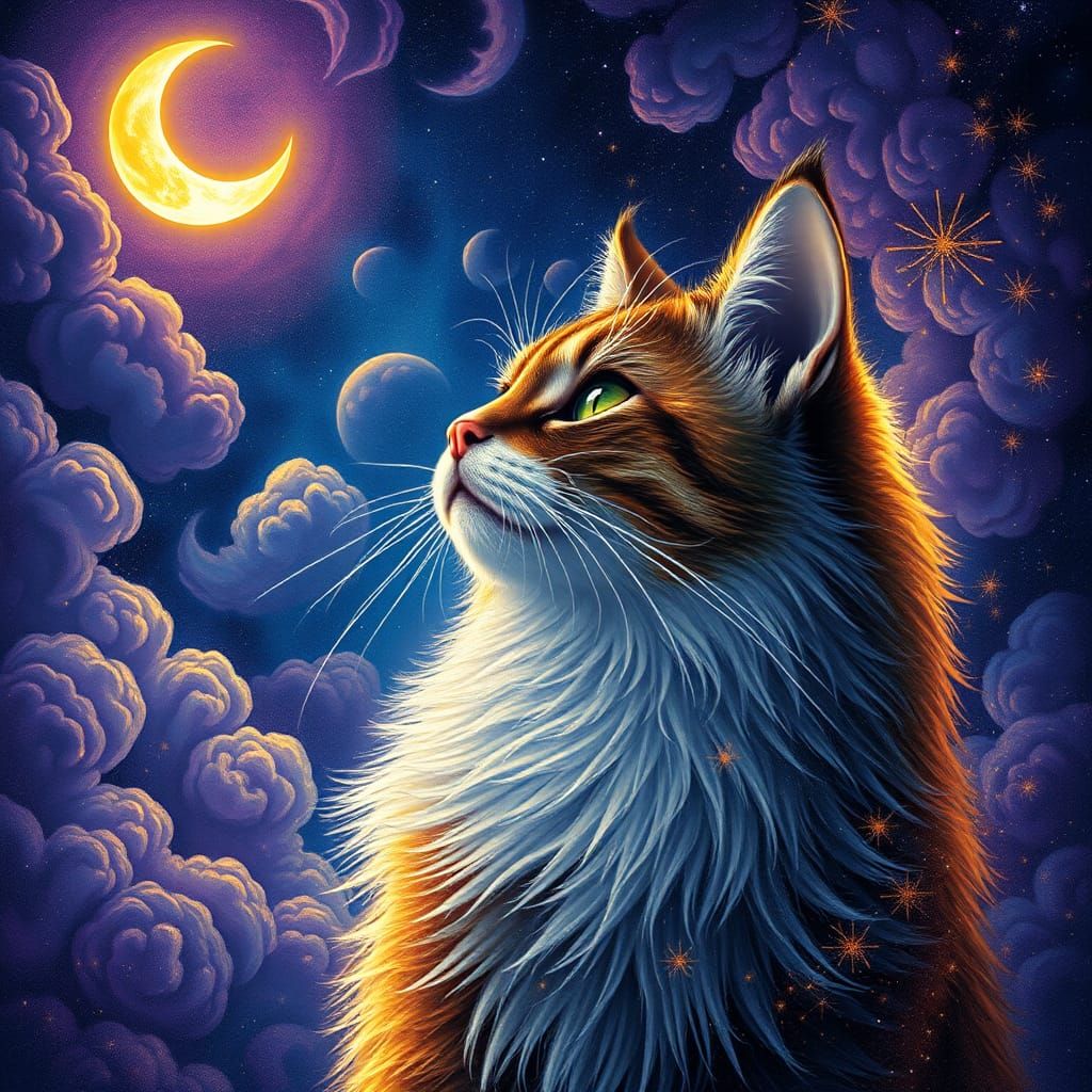 Cat Stares at Moon in Visionary Art Style