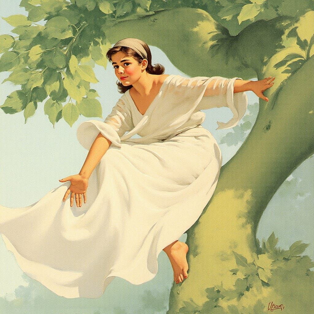 Depict peaceful youth in mythical nature setting. A young boy in serene contemplation Surrounded by large, stylized tree...