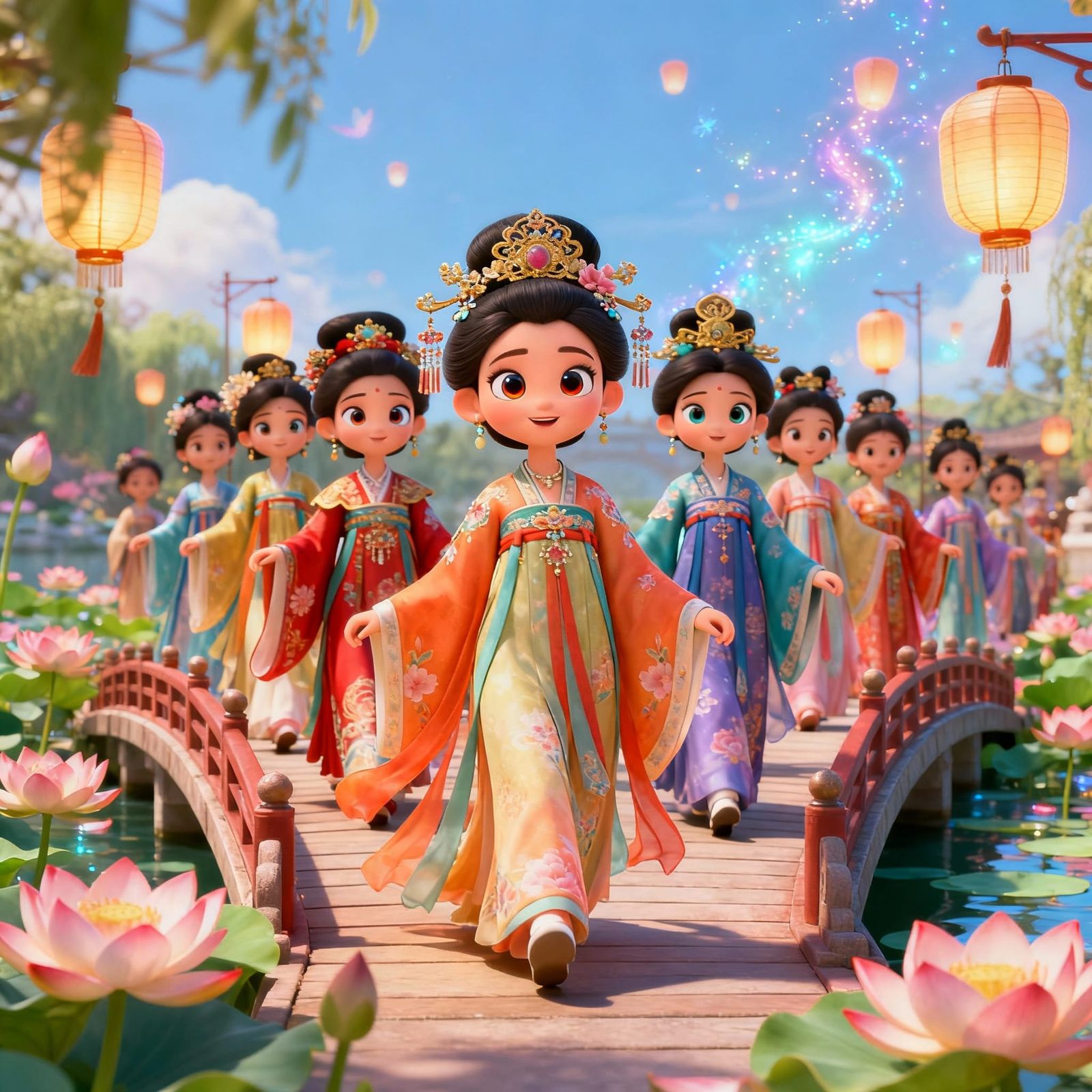 Imperial Concubines Procession in Disney 3D Cartoon Art Styl...