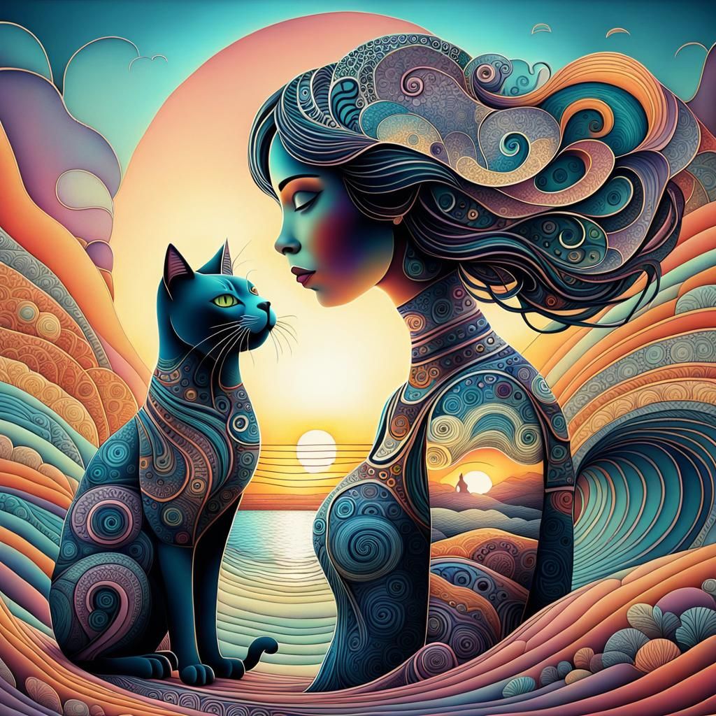 Art Brut Sunset with Woman, Cat and Dog