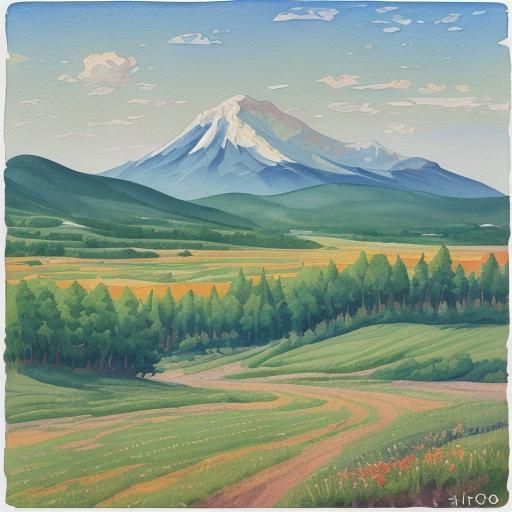 Summer Landscape Logo in Gouache Watercolor Style