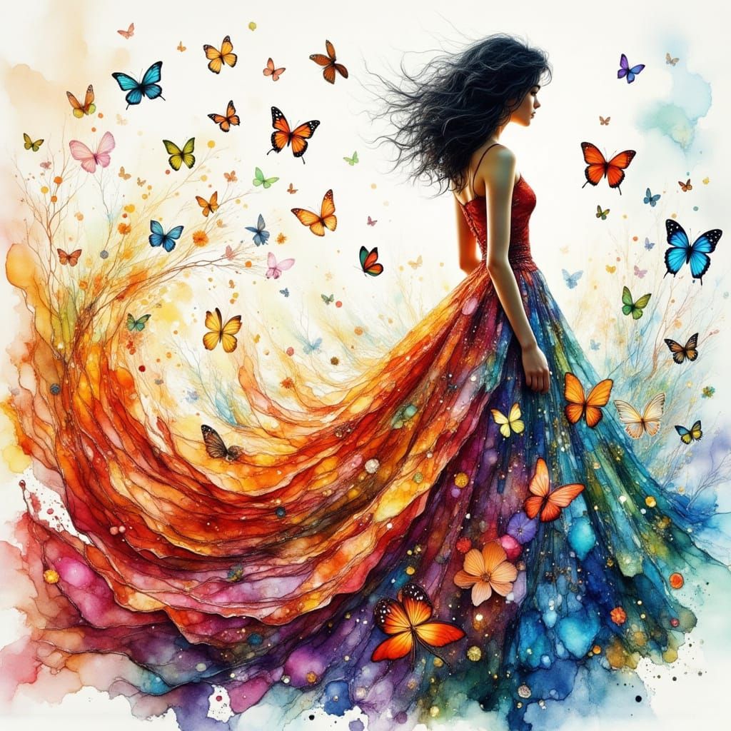 Whimsical Woman in Floral Dress with Butterflies