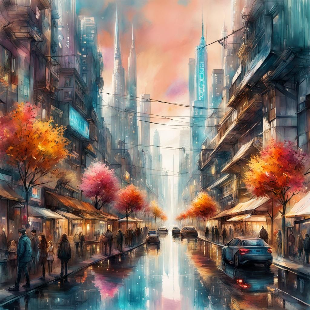 Cyberpunk City Street in Autumn Watercolor Art