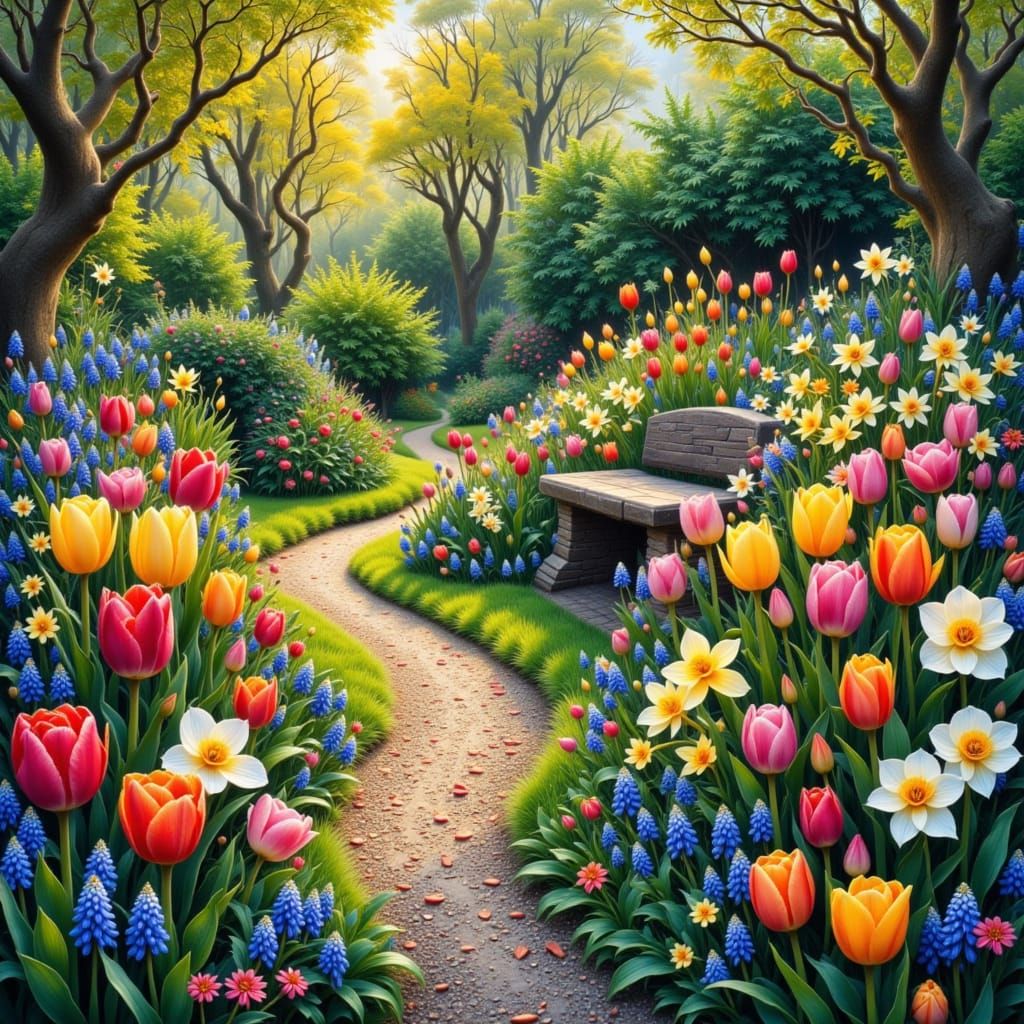 Vibrant Spring English Garden in Impressionist Style