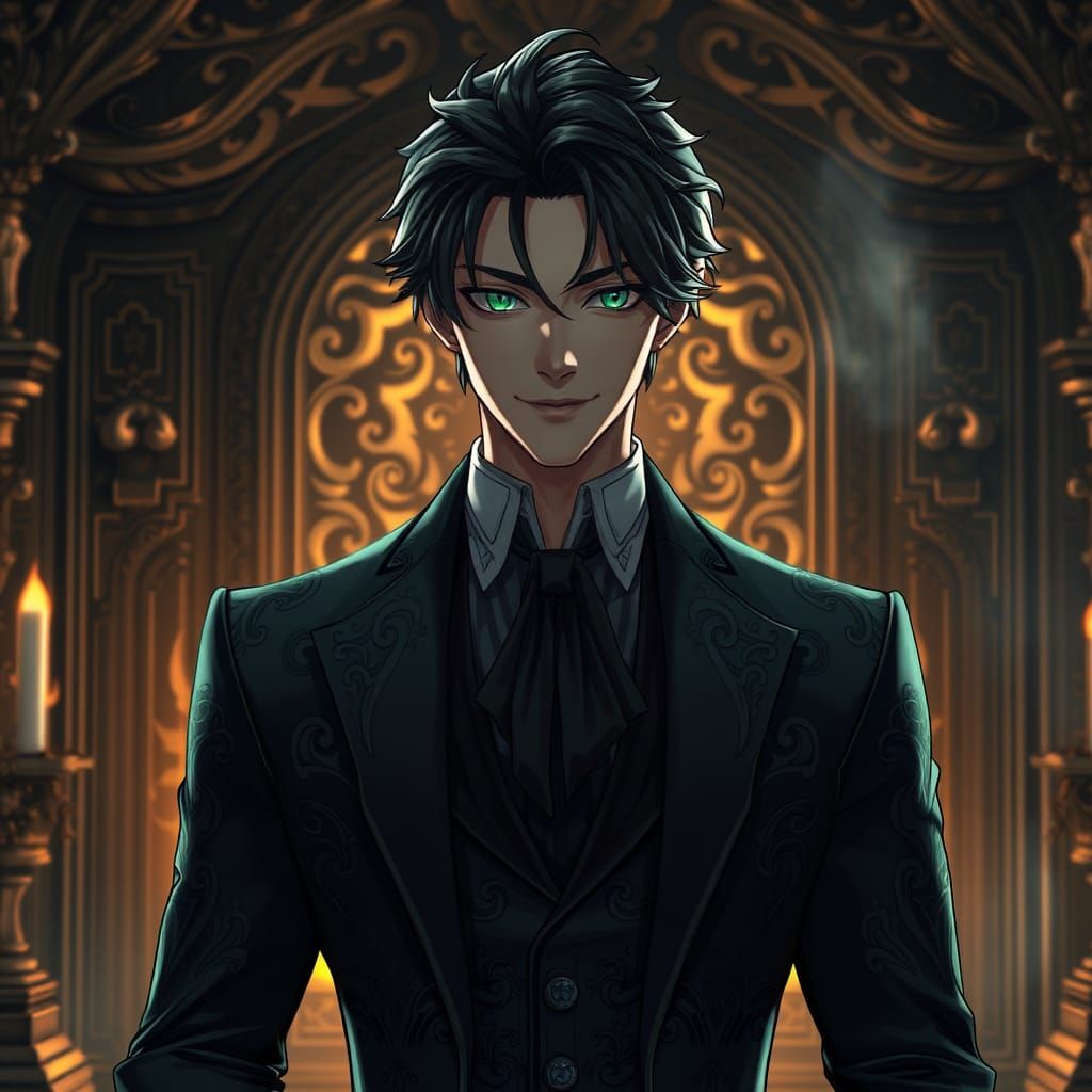 Mysterious Gothic Man with Emerald Eyes in 3D Anime Art