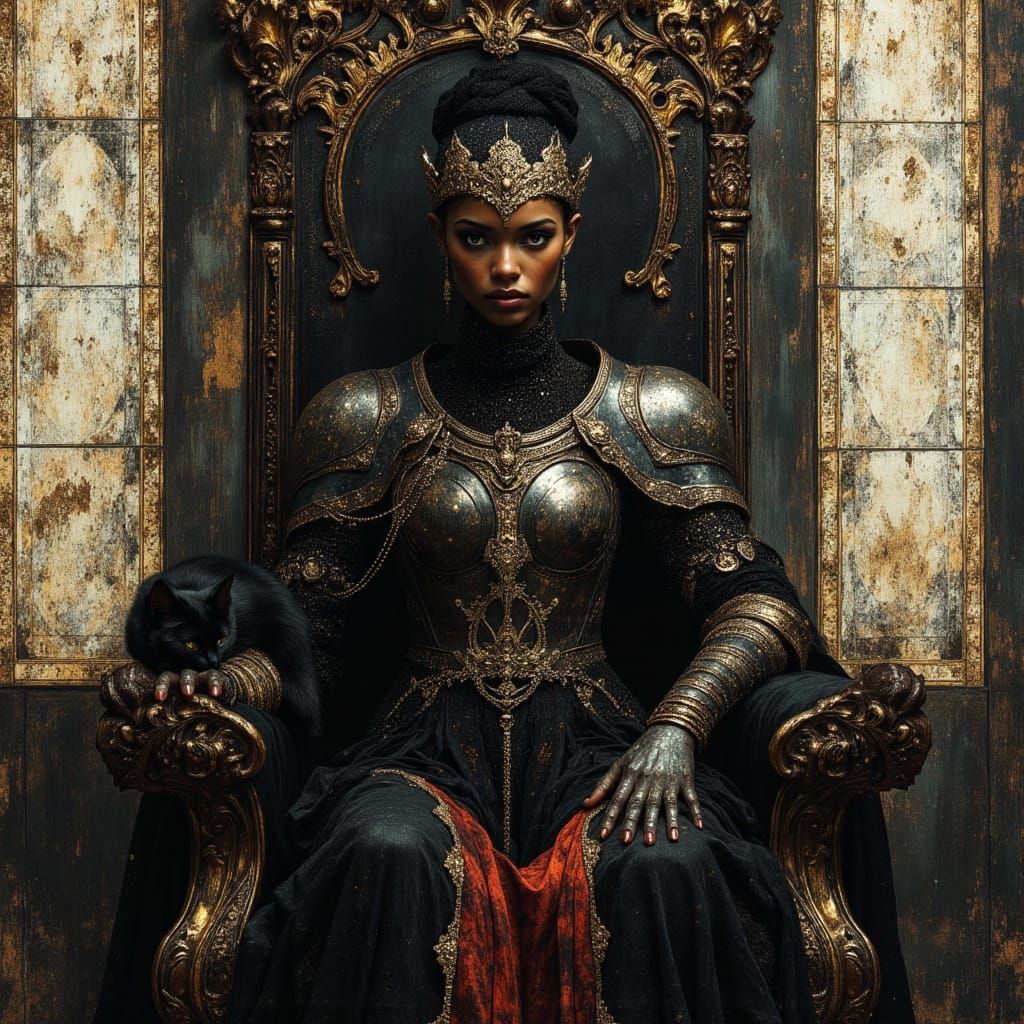 Gothic Witch Queen with Black Cat on Obsidian Throne