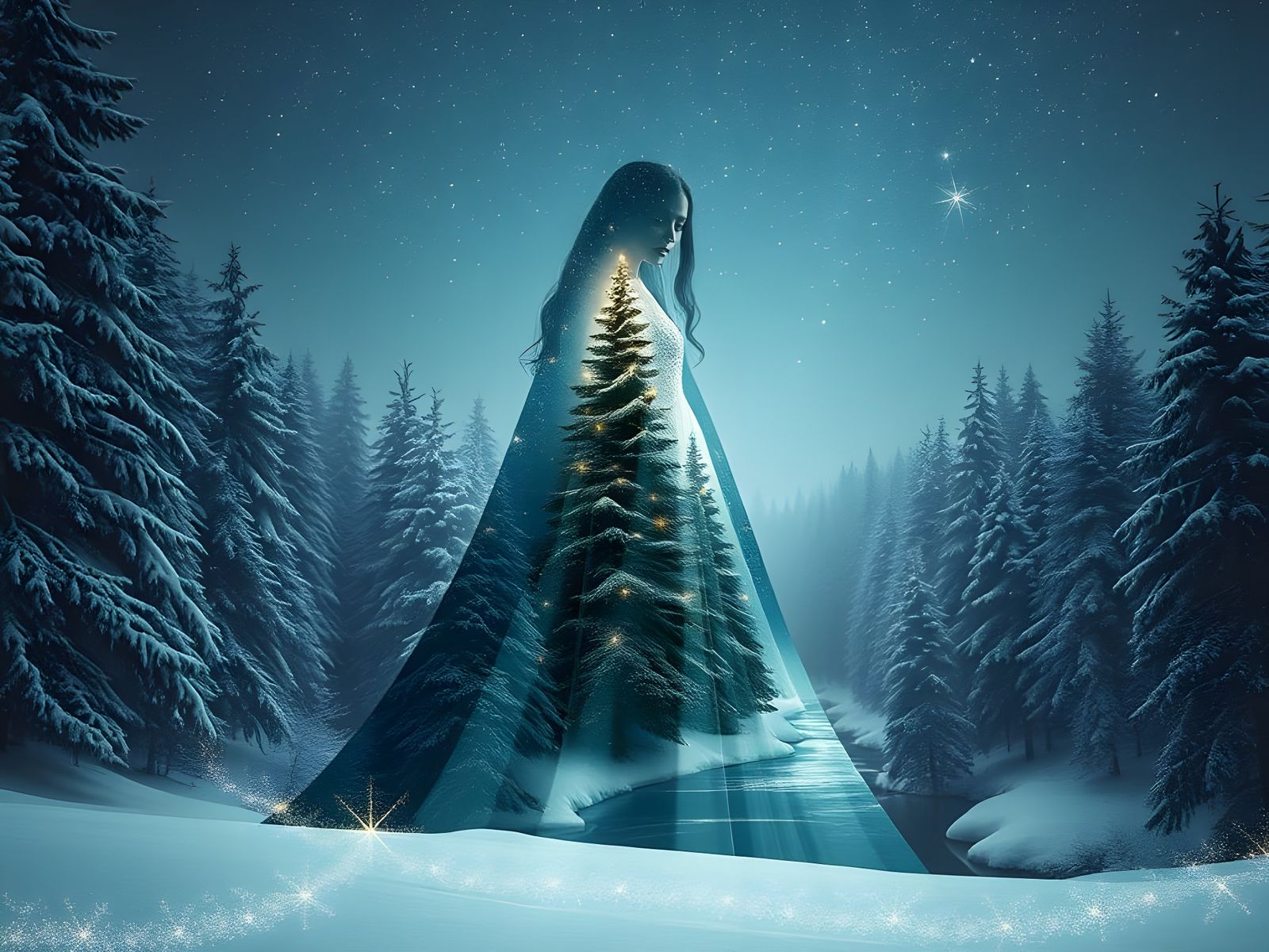 Elegant Starry Night Girl in Realistic Landscape