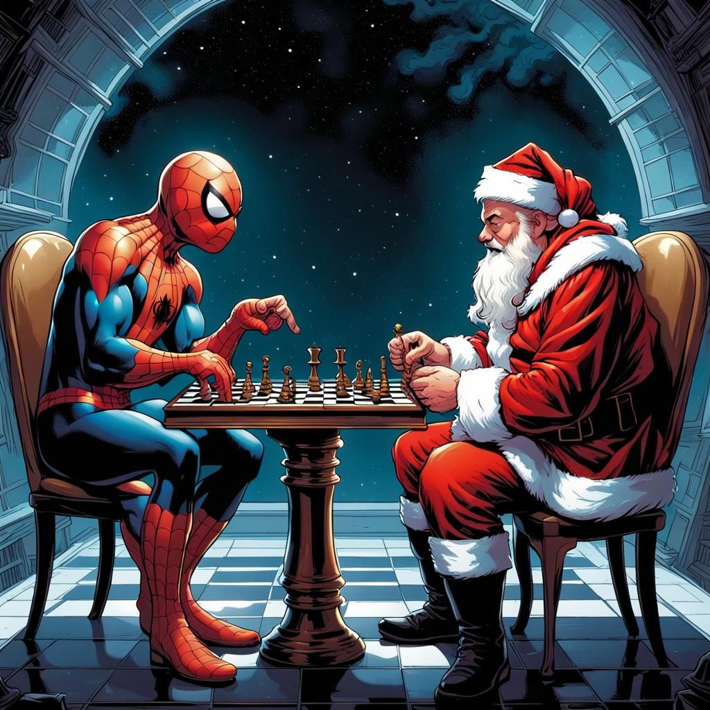 Spiderman and Santa Claus Play Chess in Space