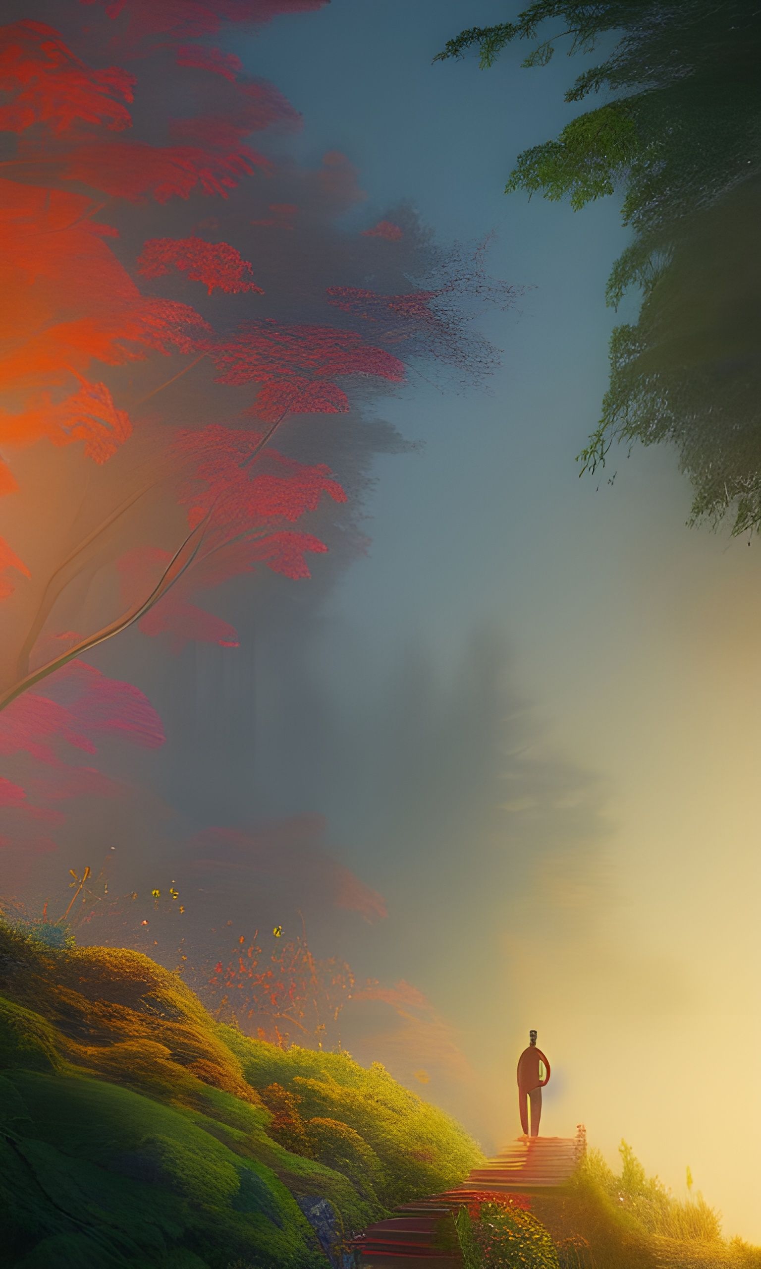 Asian Forest Path at Sunset in Ethereal Style