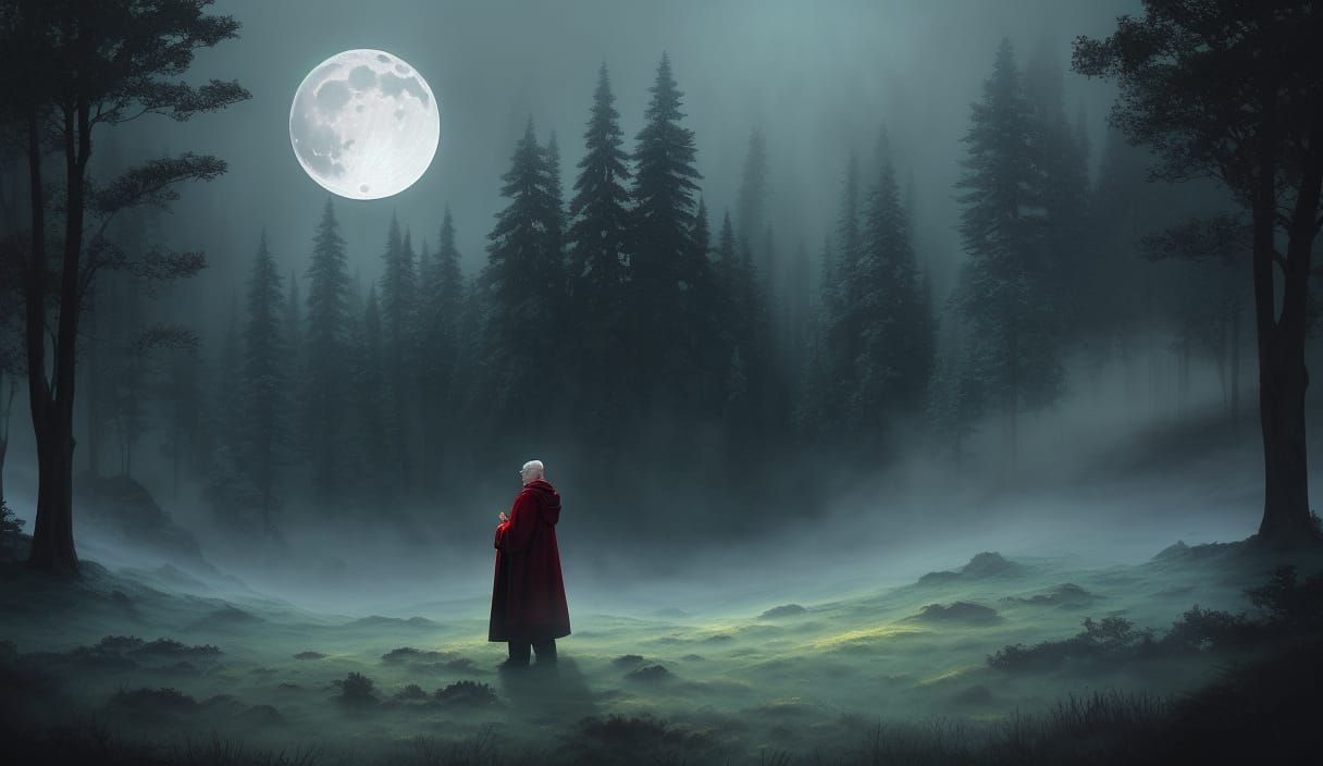 Moonlit Fantasy with Man and Wolf in Ethereal Style
