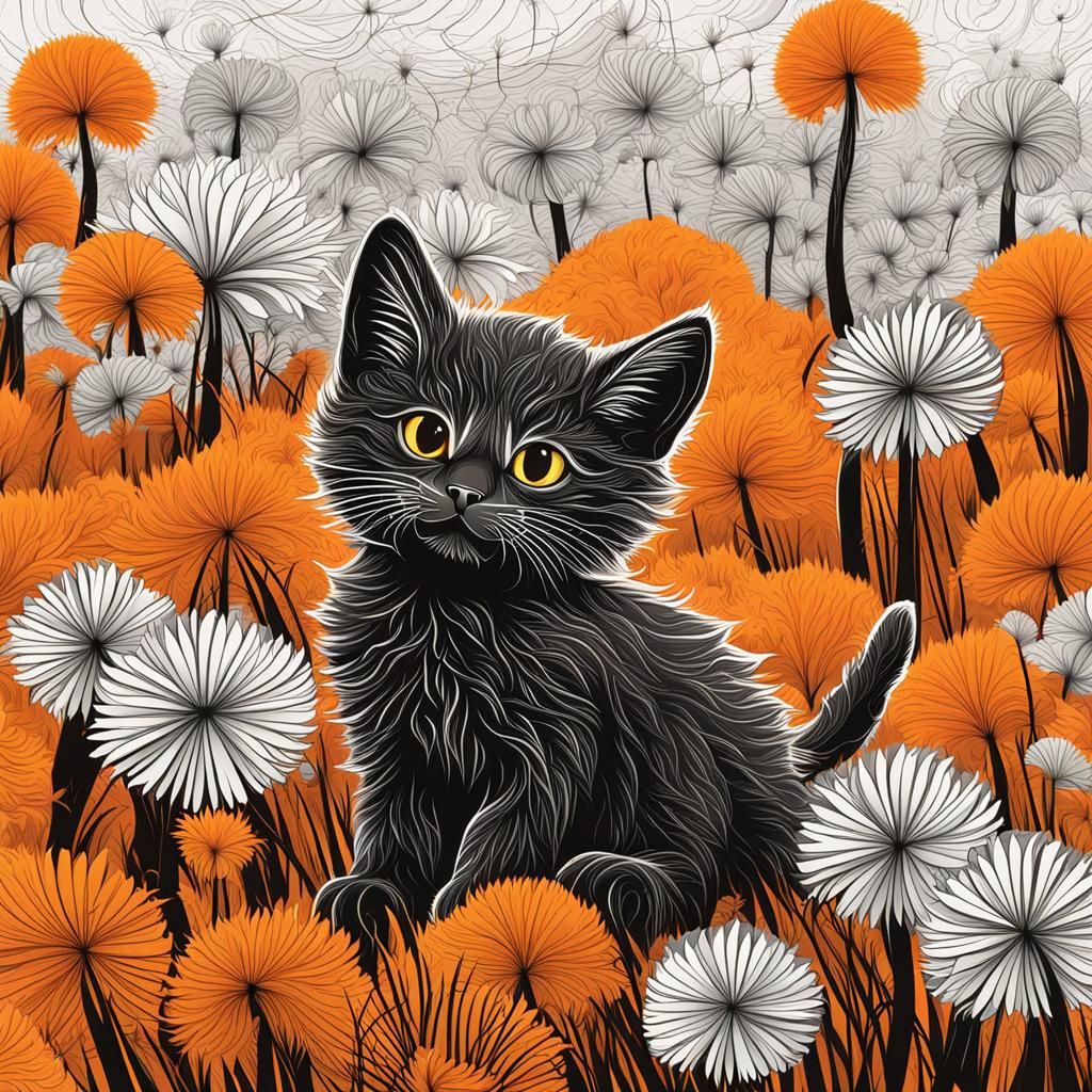 Kitten Playing in Dandelions with Abstract Fractals