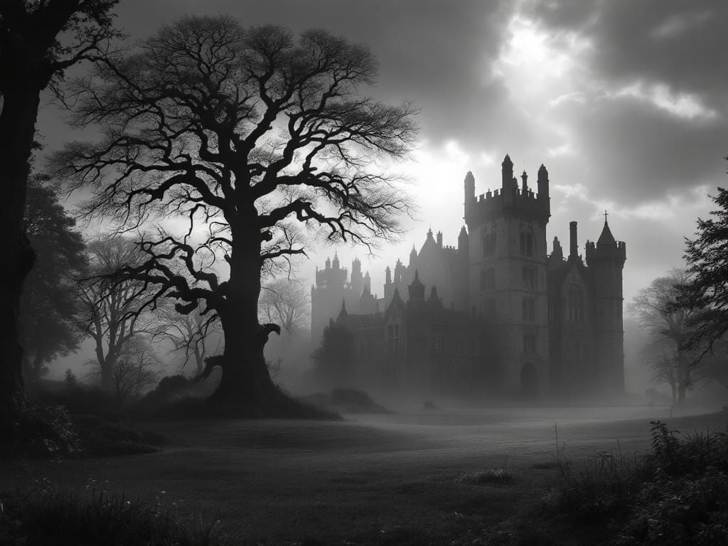 Yorkshire Moor Castle at Dawn in Black and White