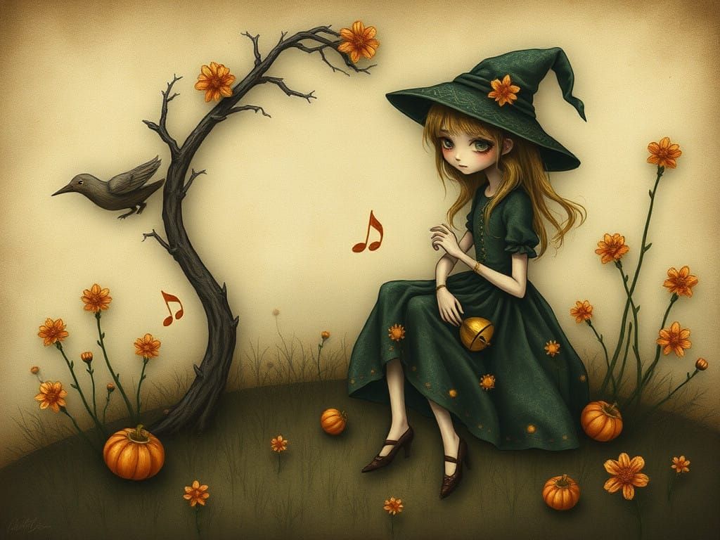 Whimsical Melancholy Scene in Vibrant Watercolor Style