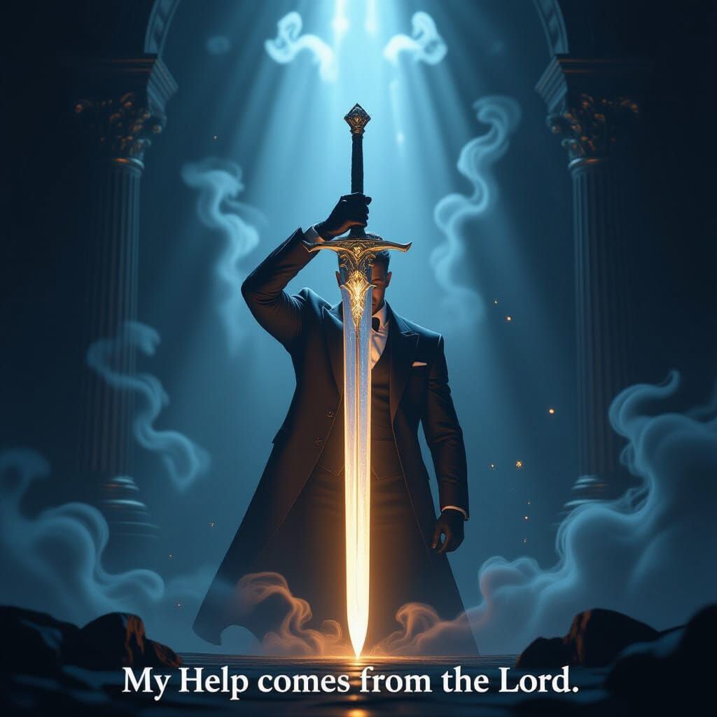 Man in Suit Holds Glowing Sword with Divine Aura