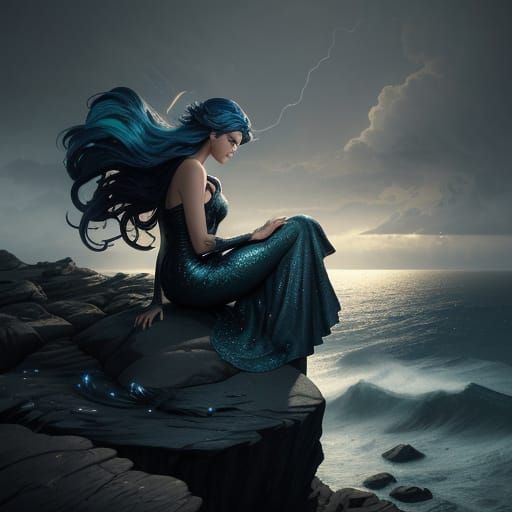 Melancholic Mermaid on Alien World in 19th Century Style