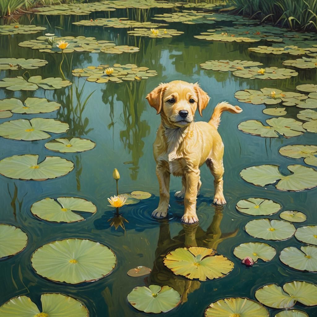 yellow puppy standing in a shallow green lake with lily pads...