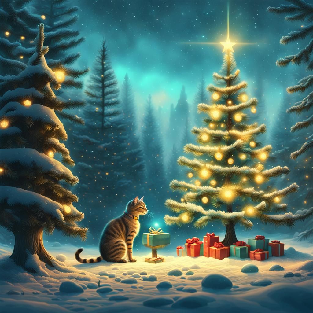 Fantasy Robot Cat Places Gift under Christmas Tree in Cozy G...