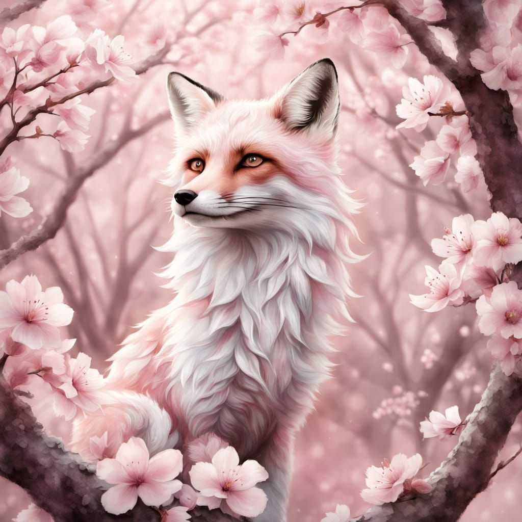 Whimsical Fox Portrait in Cherry Blossom Hues