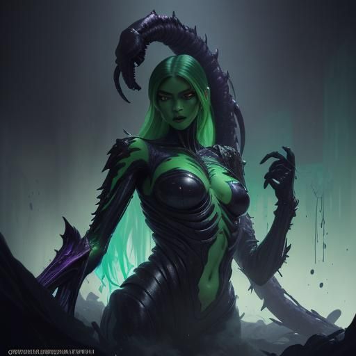 Shego as Xenomorph with Bladed Tail in Dark Fantasy