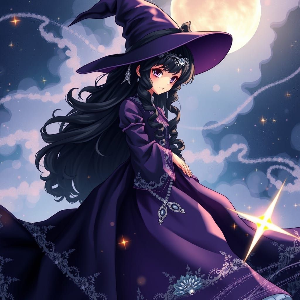 Mystical Anime Witch in Whimsical Gown Amidst Starlight