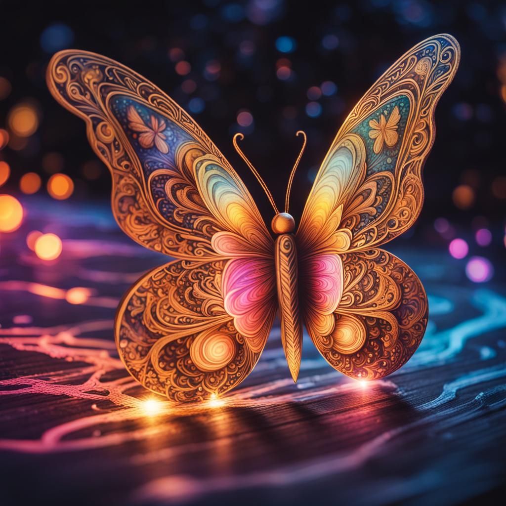 Calligraphic Butterfly in Glowing Neon Cosmic Art