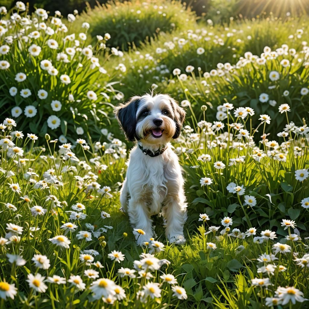 Dog Runs Through Flower Meadow in Sunlight