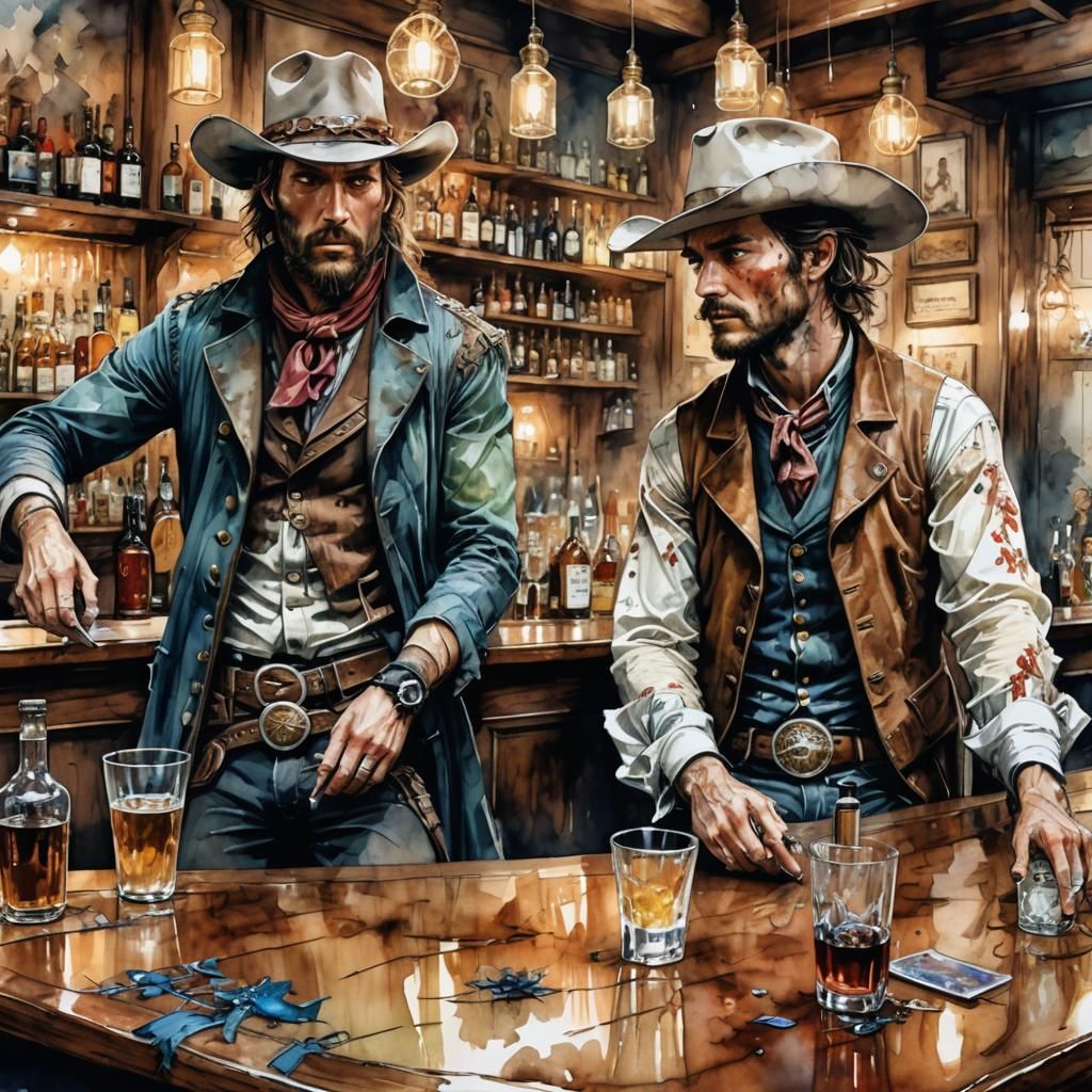 """"Digital watercolor Illustration of two gunslinger cowboy...