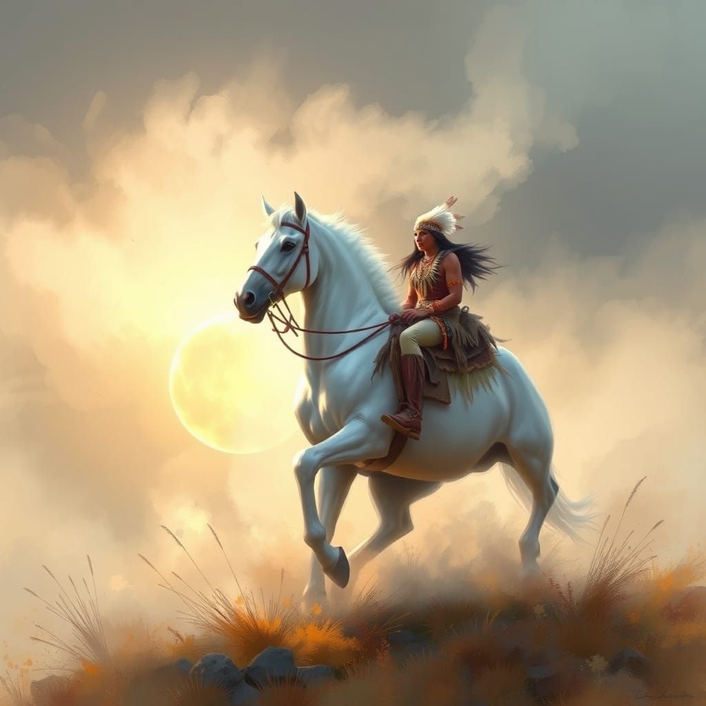 Native American Rider on White Horse in Dreamy Airbrush Art
