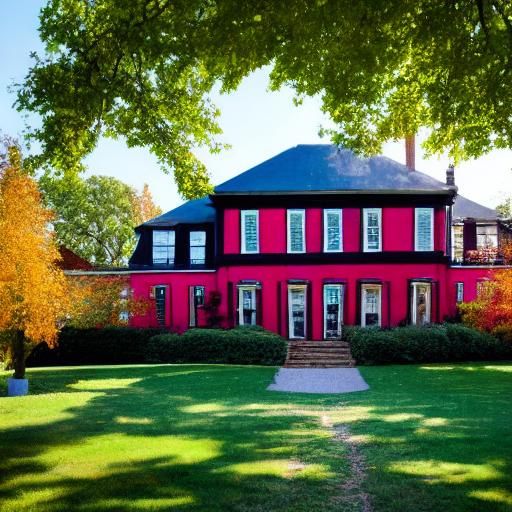 Black Mansion with Hot Pink Trees: A Surreal Scene