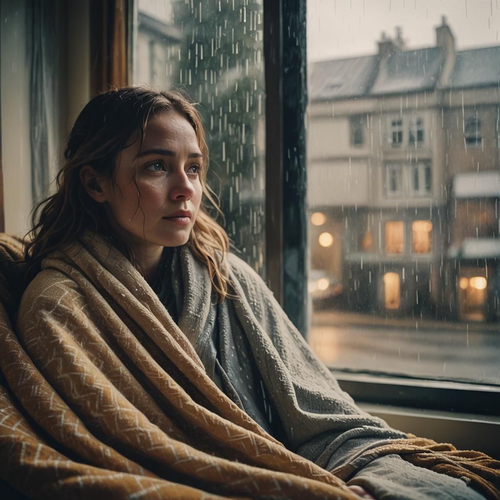 Cozy Woman Watching Rain: A Cinematic Film Still