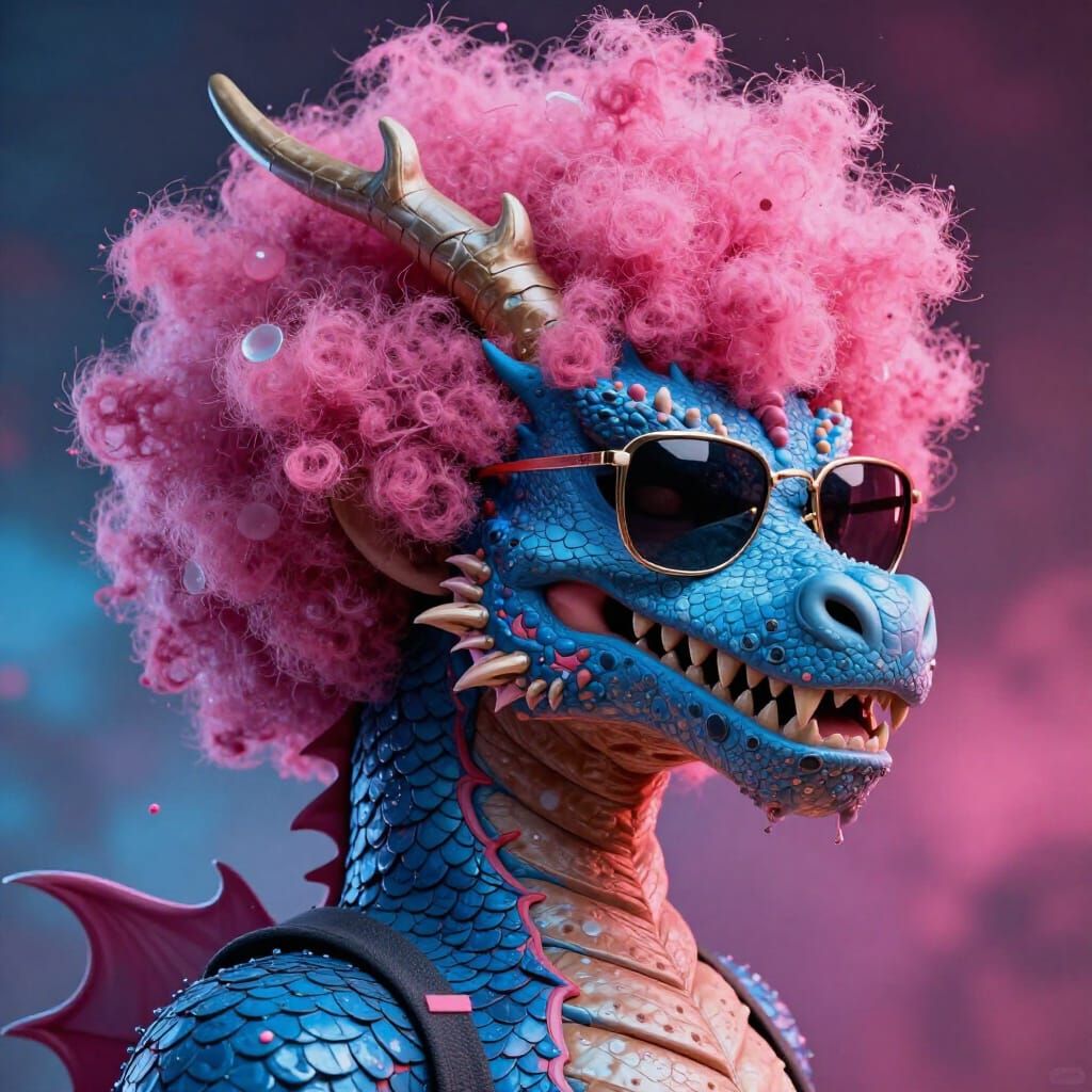 Dragon with Pink Afro Wig and Sunglasses
