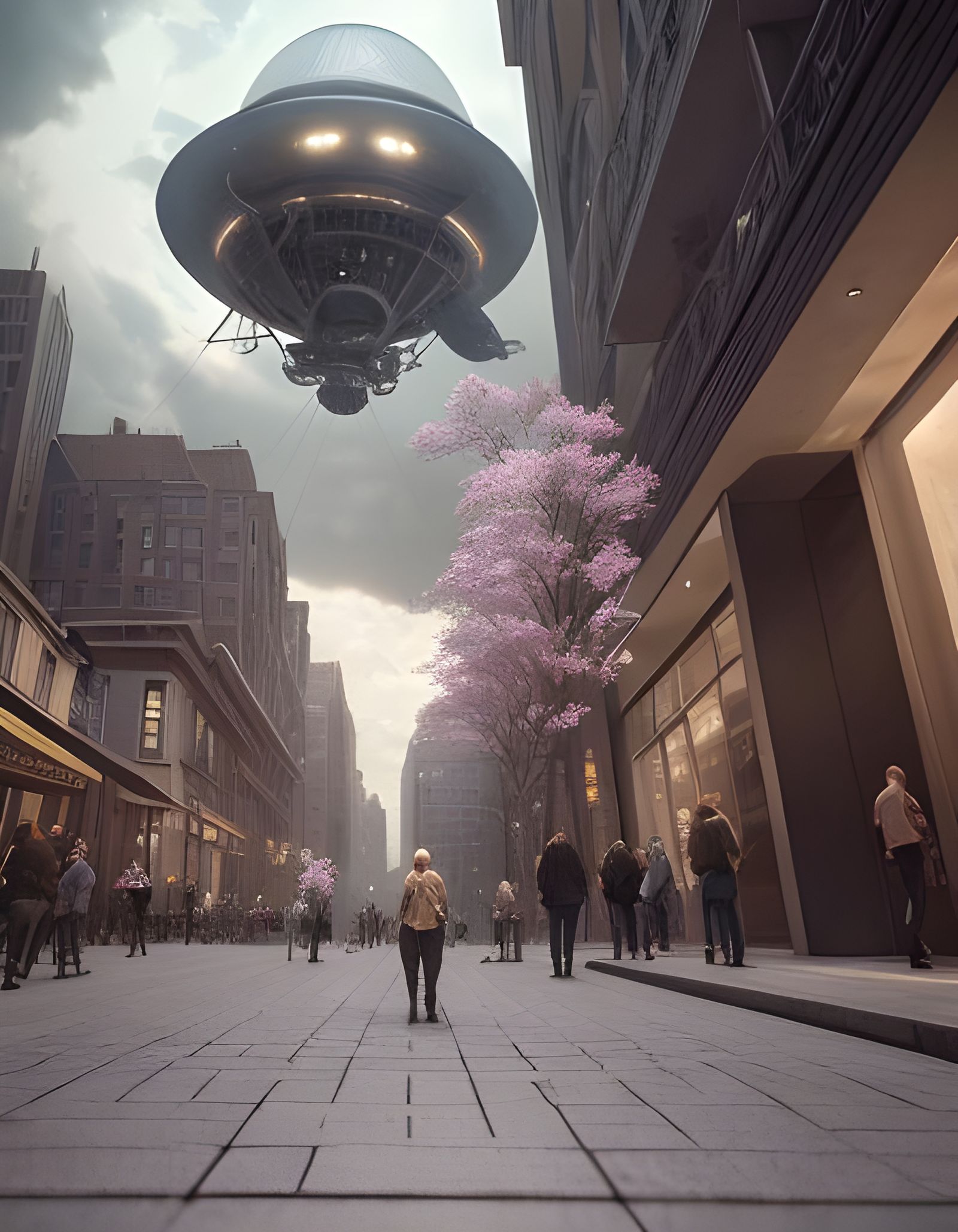 Photorealistic UFO Hovering Over City Sidewalk