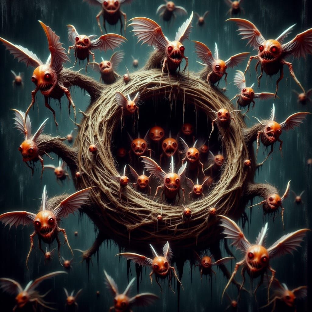 Twisted Creatures Swarm from a Decaying Nest in Dark Surreal...
